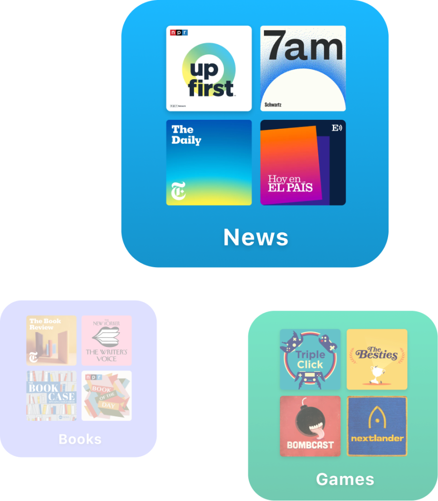 Illustrated groupings of podcasts logos